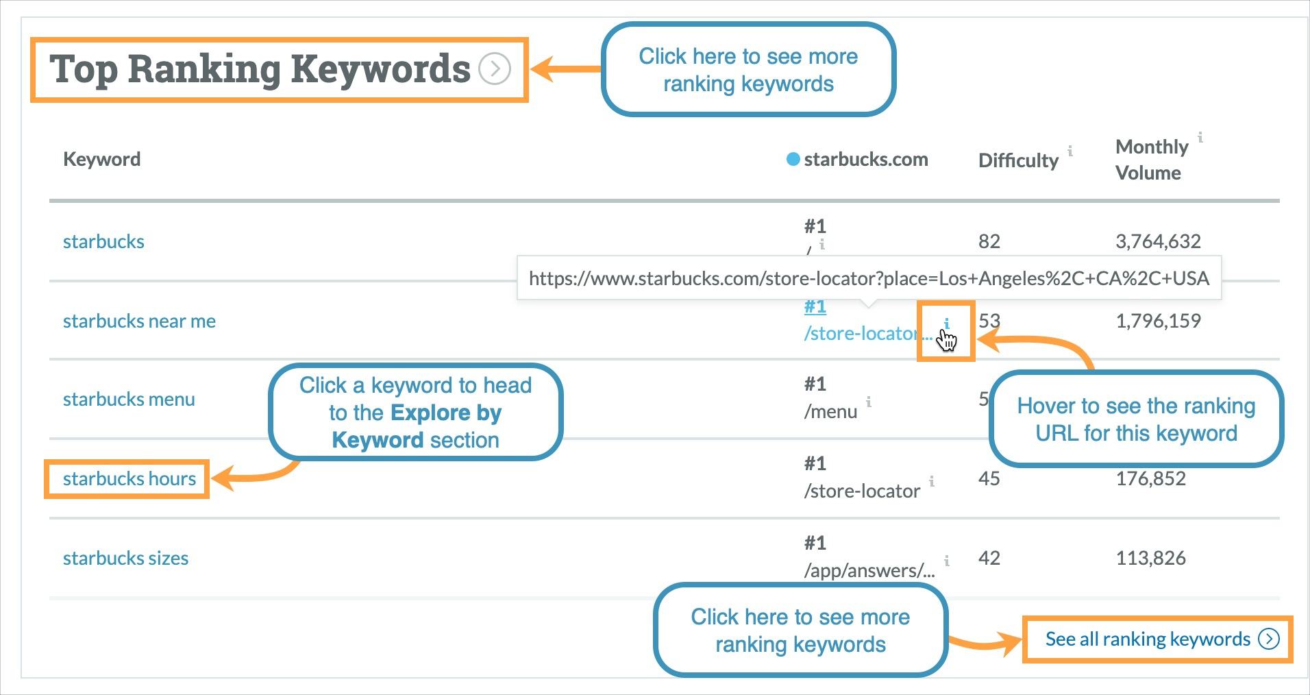Click on any of the keywords in the top ranking keywords module to learn more about that keyword.