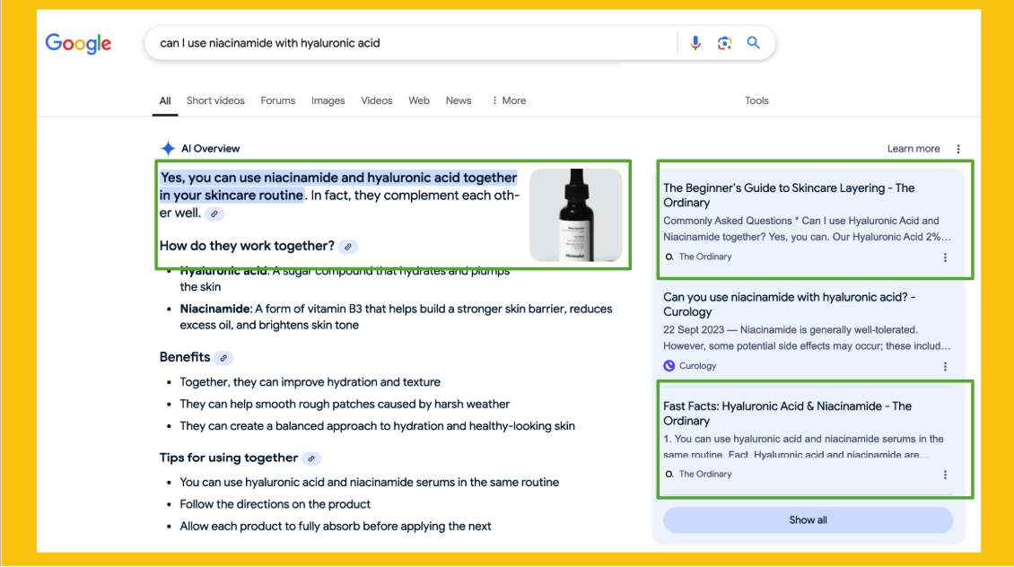 Google search results with AI Overview featuring The Ordinary brand.