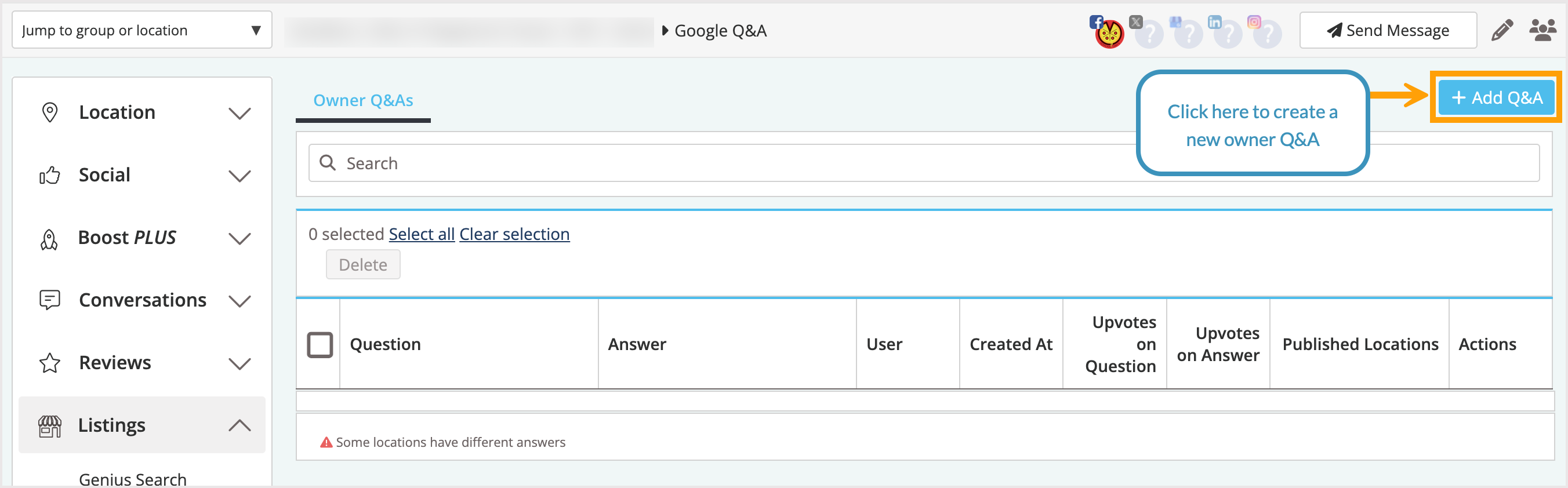 Screenshot highlighting where the "Add Q&A" button is.