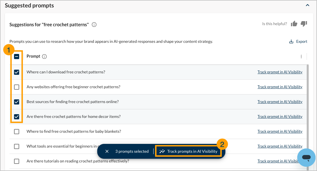 Screenshot showing how to add prompts to AI Visibility from Prompt Suggestions.