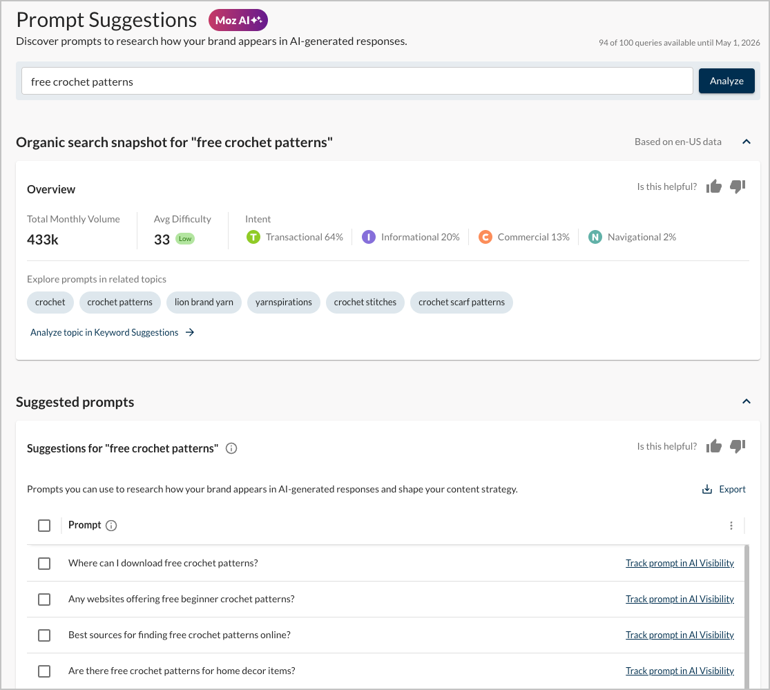 Screenshot of the Prompt Suggestions tool in Moz Pro.