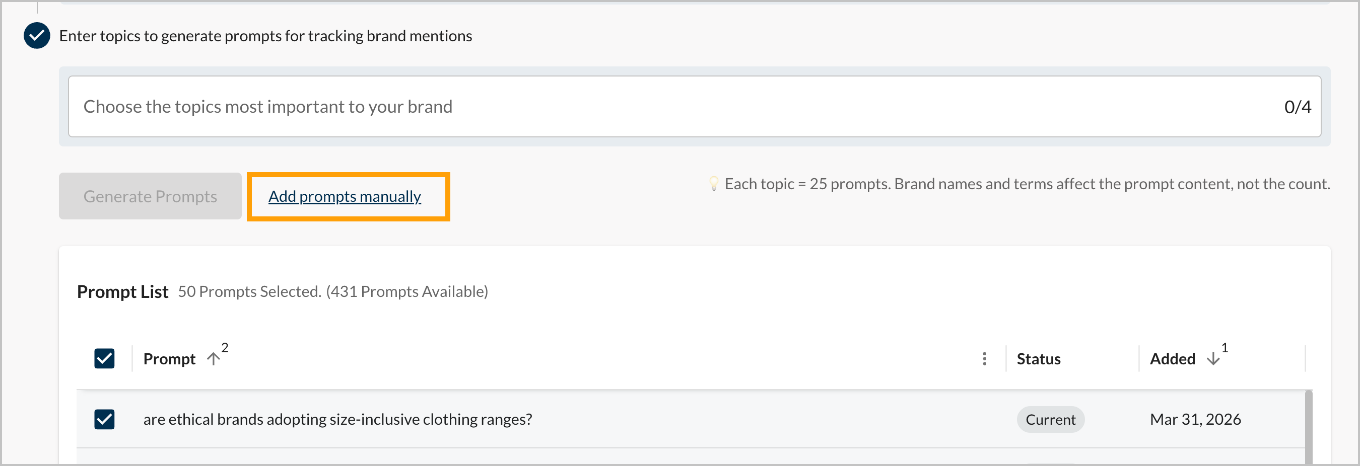 Screenshot of where to add prompts manually in AI Visibility.