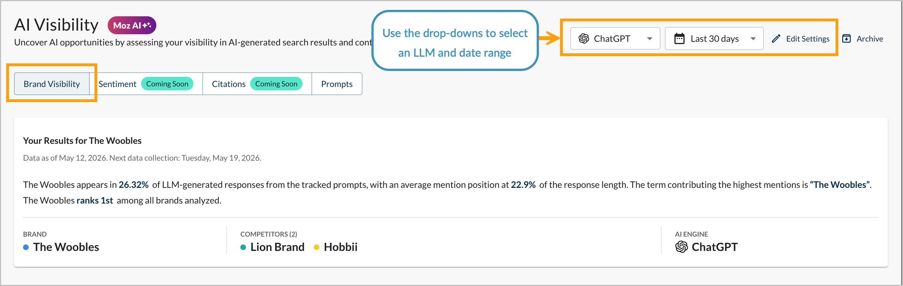 Screenshot showing where to select your LLM and date range.