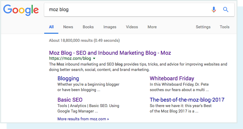 A screenshot of the query 'moz blog' and resulting SERP.