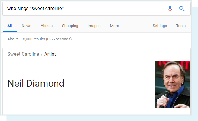 A screenshot of the SERP feature result for the query 'who sings Sweet Caroline' (the answer is Neil Diamond.)