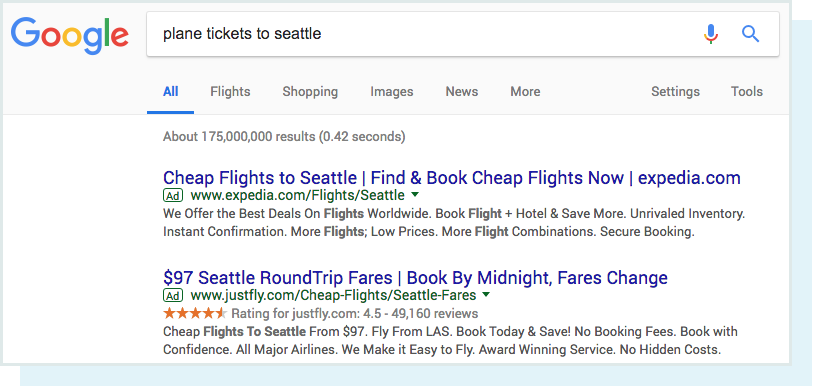 A screenshot of the query 'plane tickets to seattle' and resulting SERP.
