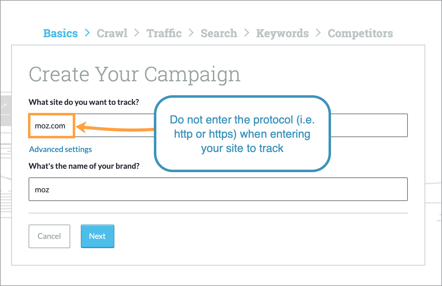 To start creating your Moz Pro Campaign enter your site.