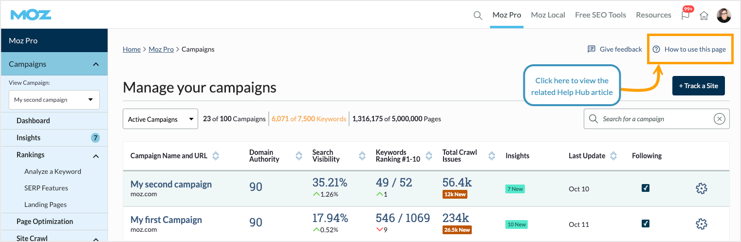 Help Hub link location at the top right of each page within the tools.
