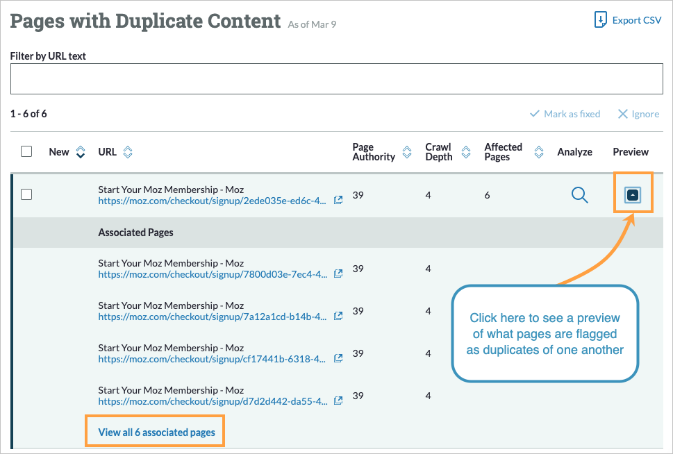 Content issues view with duplicate content issues selected. Click preview column arrow to see more information.