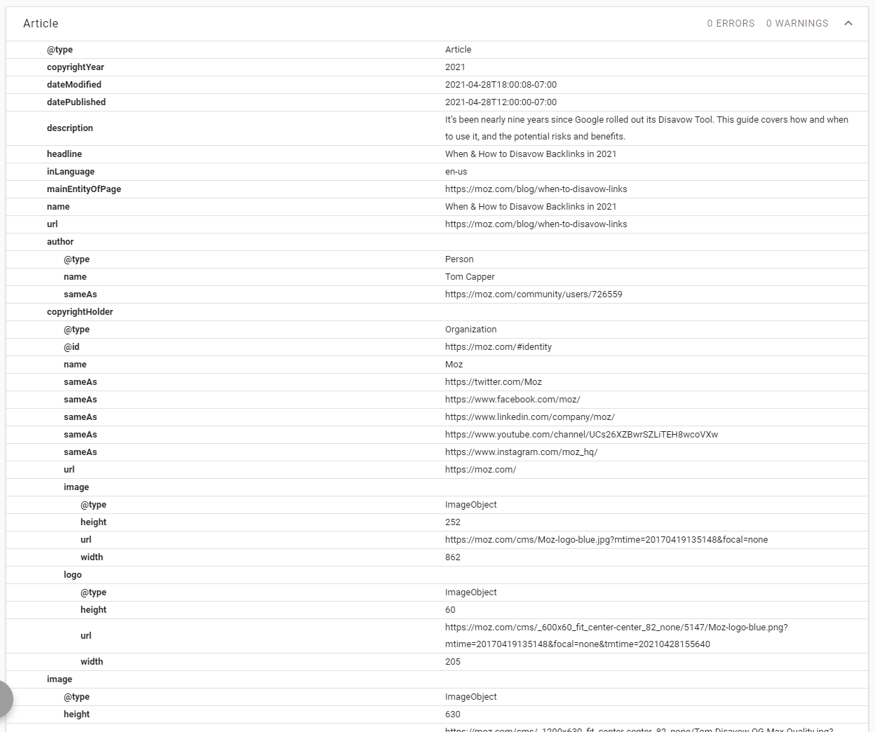 List of structured data in source code of a page