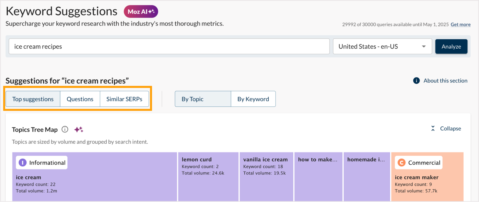 Screenshot of the suggestion types available to view.