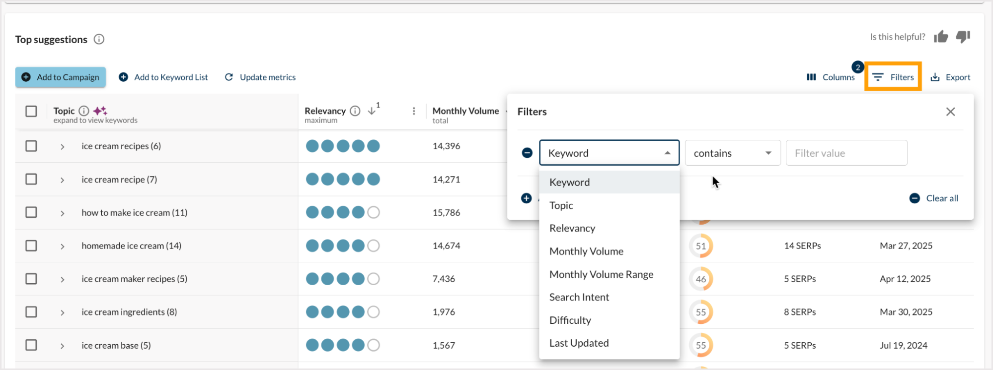 Screenshot of the filter options for the keyword suggestions table.