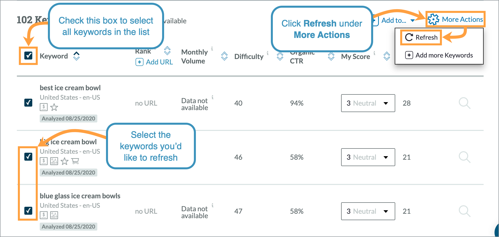 Select the keywords you're like to refresh and then click more actions.