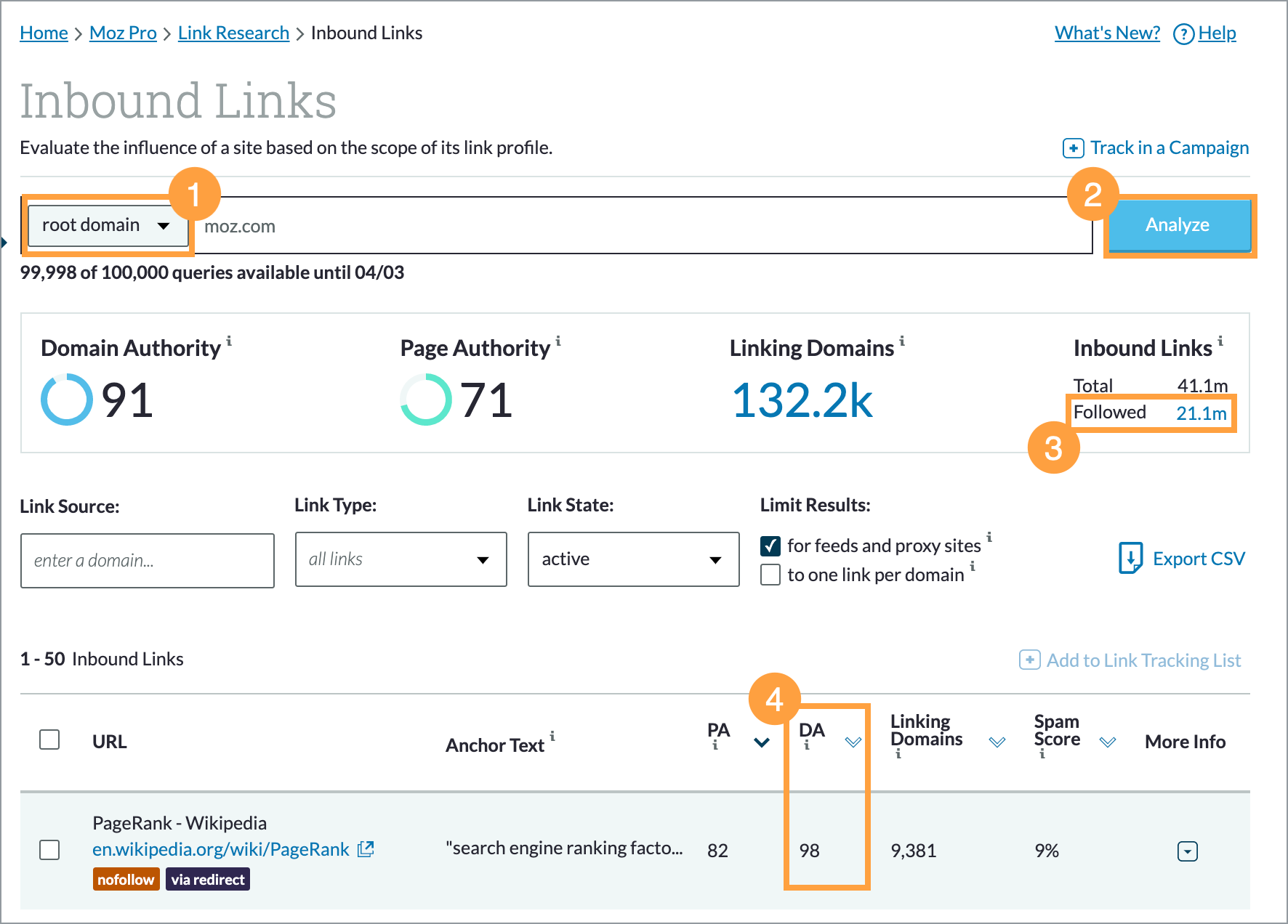 Within inbound links you can query to see inbound links for a root domain, subdomain, or exact page.