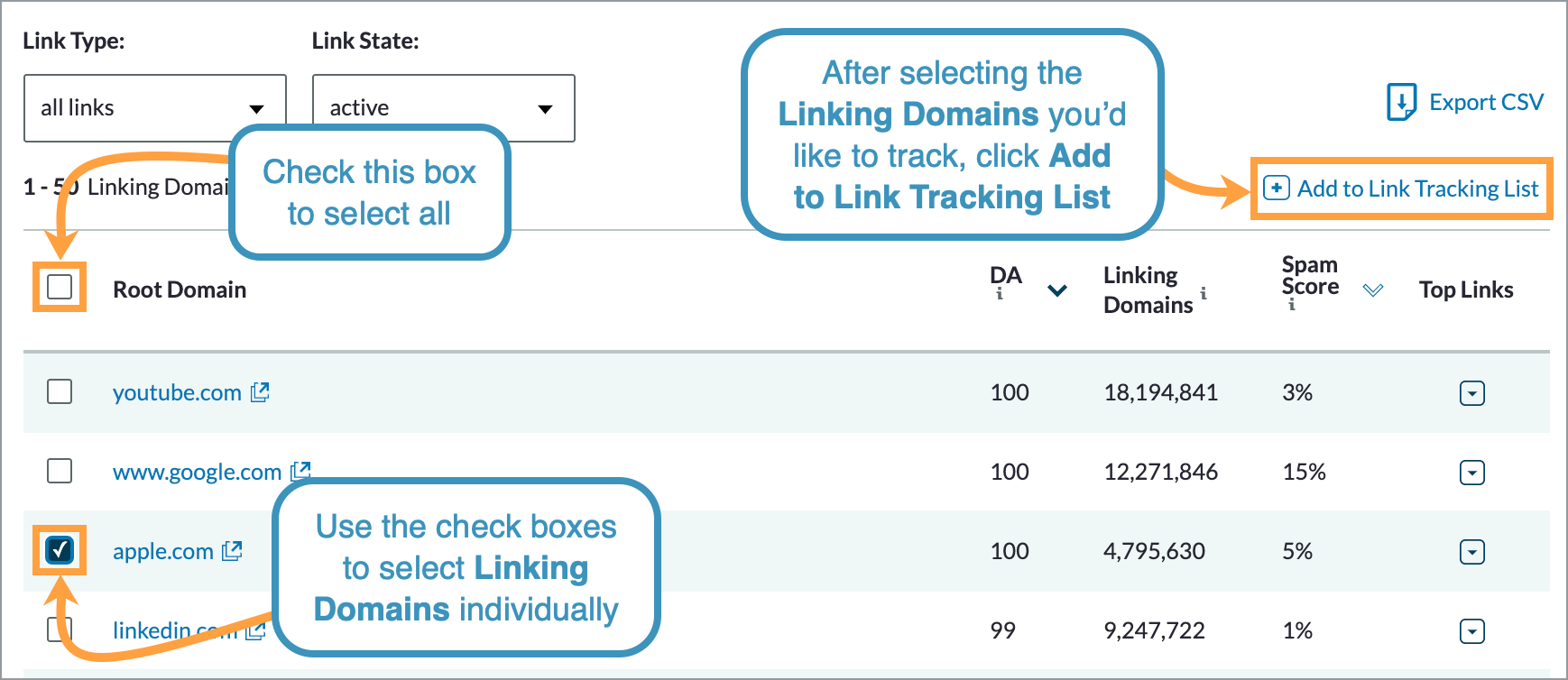 Use the check boxes provided to select the linking domains you'd like to track and then click add to link tracking list.