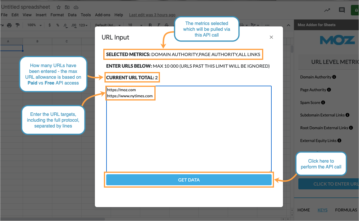 A popup will open allowing you to enter the URLs you'd like to pull metrics for. Be sure to enter them separated by lines.