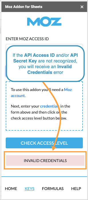 If the credentials entered are incorrect or invalid, the add-on will return an error alerting you that the credentials are invalid.