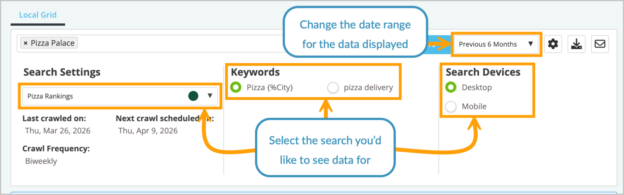 Screenshot of the options to select a settings view.