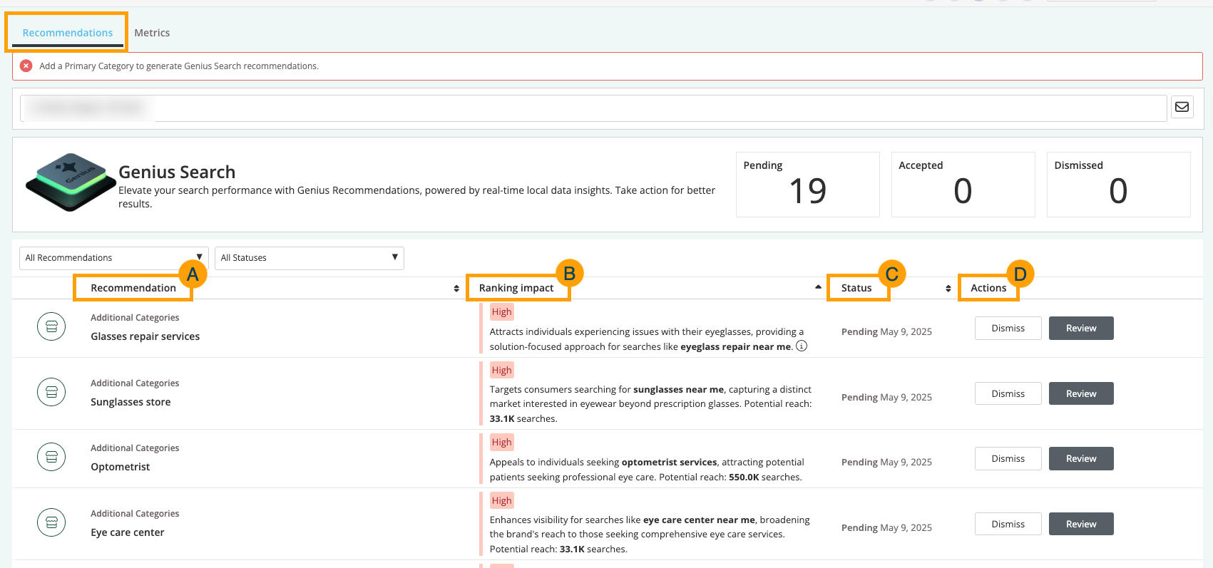 Screenshot of the recommendations tab in Listings AI.