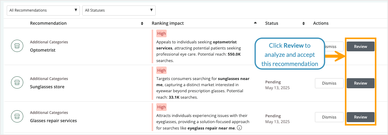 Screenshot of the single location view for recommendations in Listings AI.