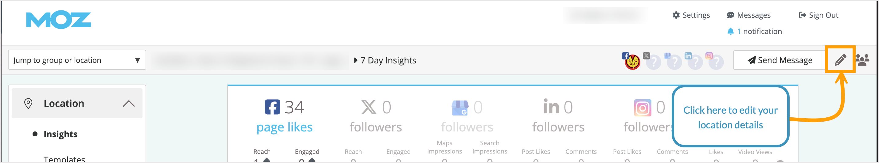 Screenshot showing where to access your location's profile information.