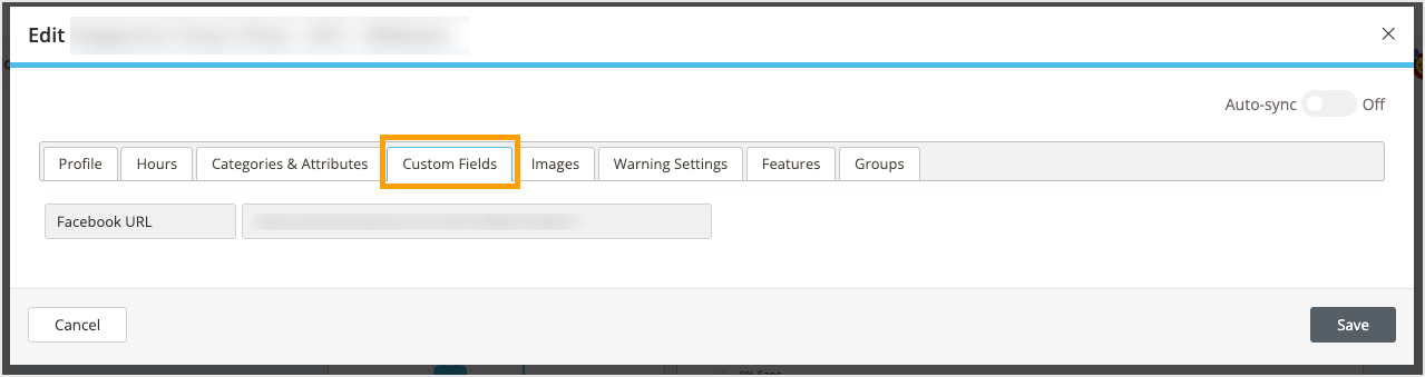 Screenshot of the custom fields tab in the location data editor.