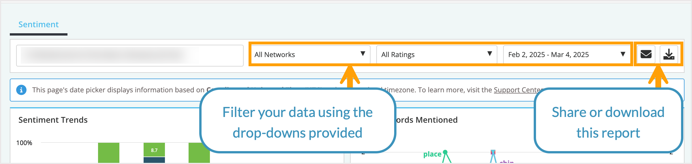 Screenshot highlighting the filters and share options in Sentiment.