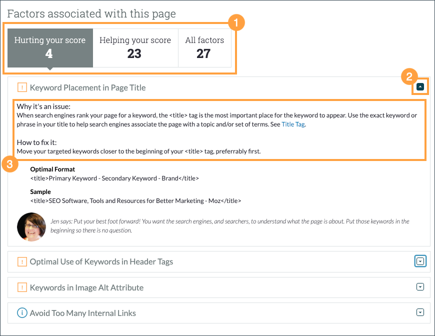 In the Factors associated with this page section of the report you can learn more about why something is an issue and how to resolve it.