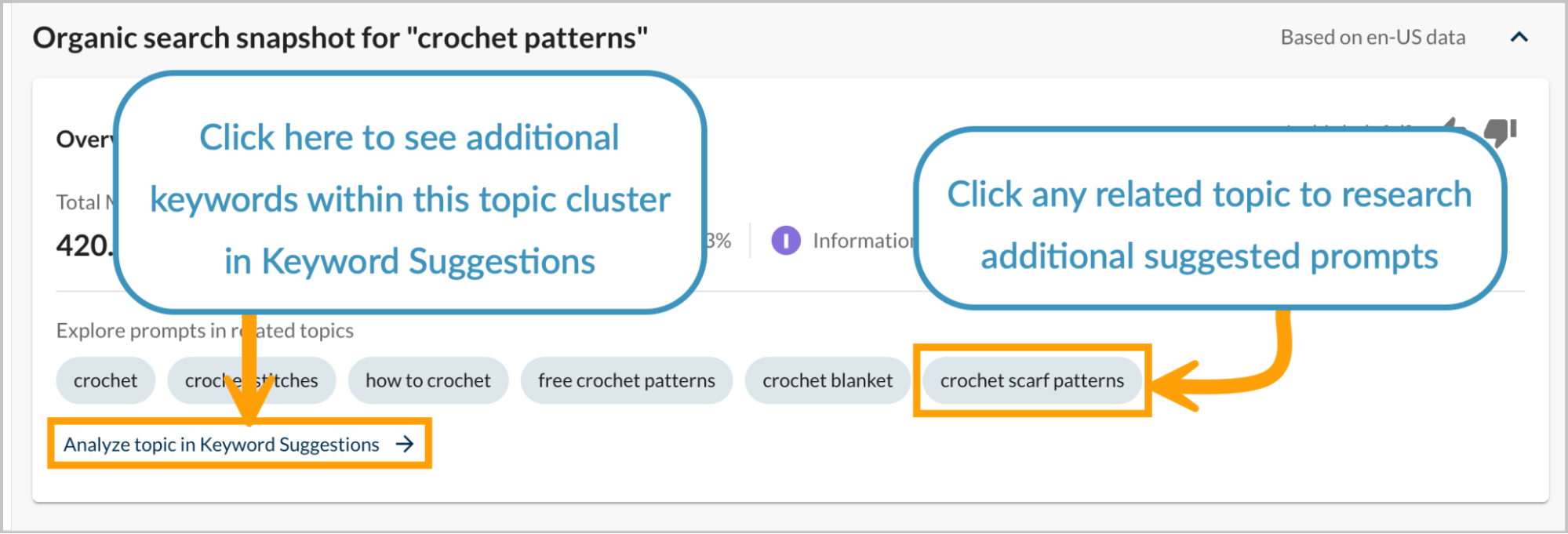 Screenshot showing where to fins additional topic to analyze in Prompt Suggestions.