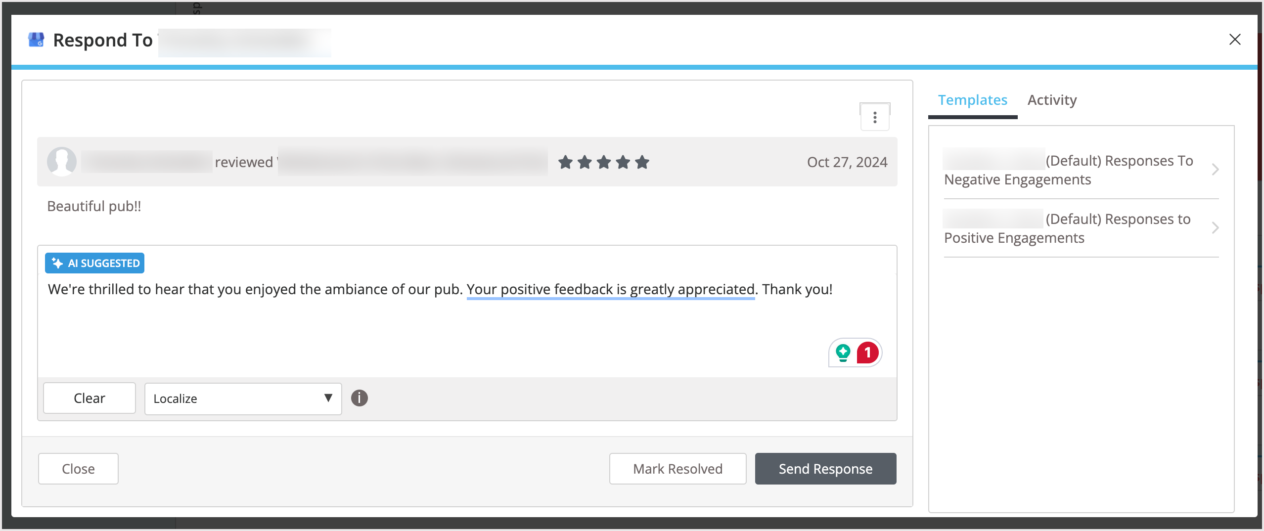 Screenshot of the review response popup window.