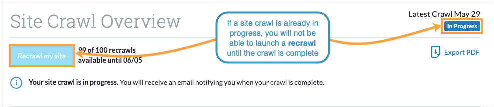 Site Crawl overview with "Recrawl my site" button greyed out. There is an "in progress" tag below the latest crawl date showing that a crawl is currently processing.