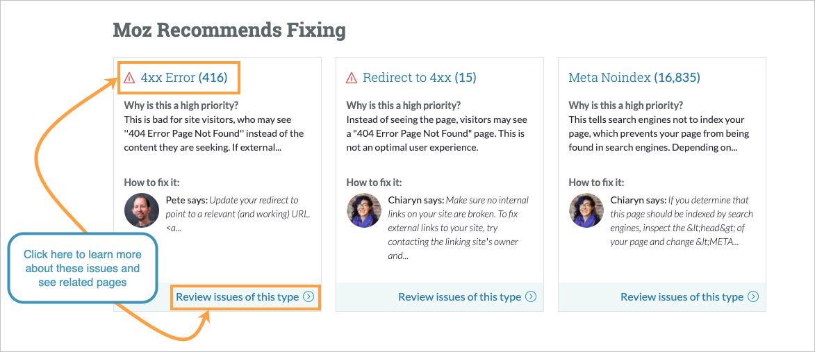 Site Crawl overview page with 3 boxes outlining what Moz Recommends Fixing. Each box describes an issue type and has a photo of a Mozzer advising how to fix the issue type.