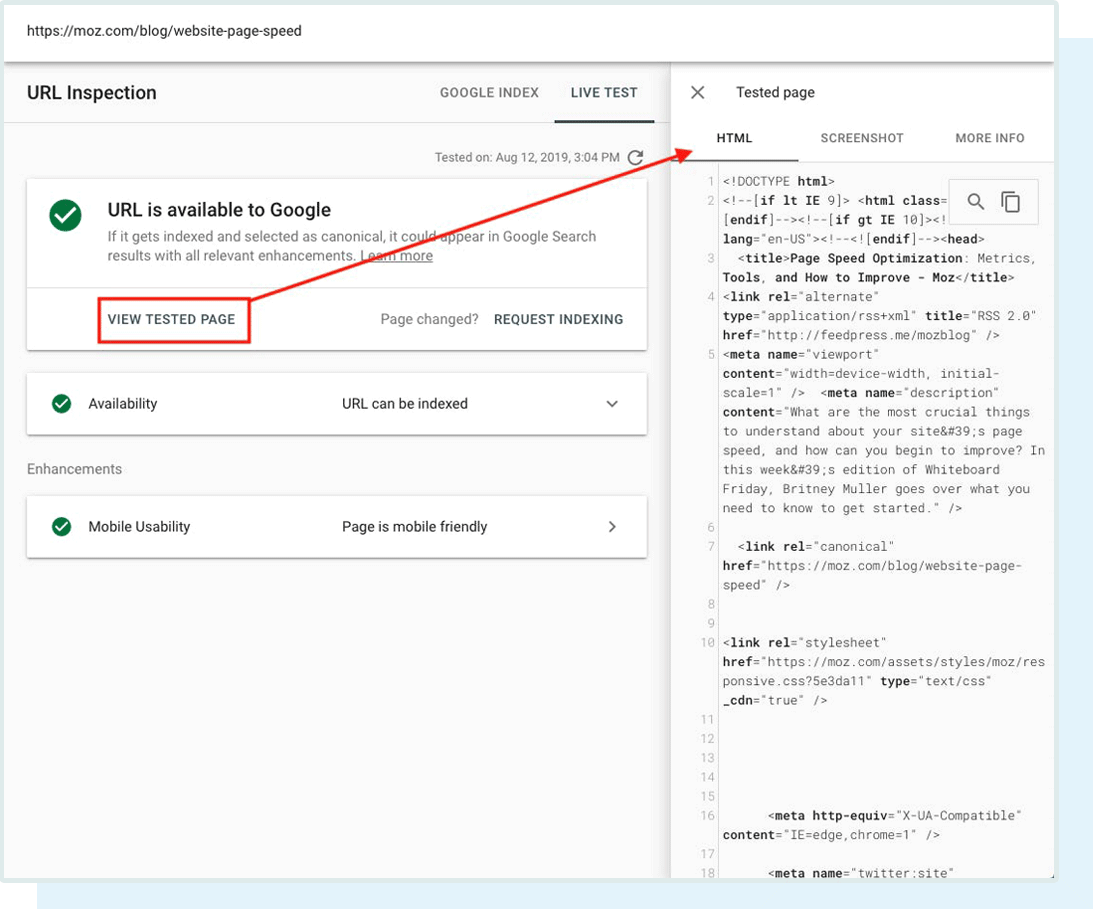 View Googlebot's live view of your page.